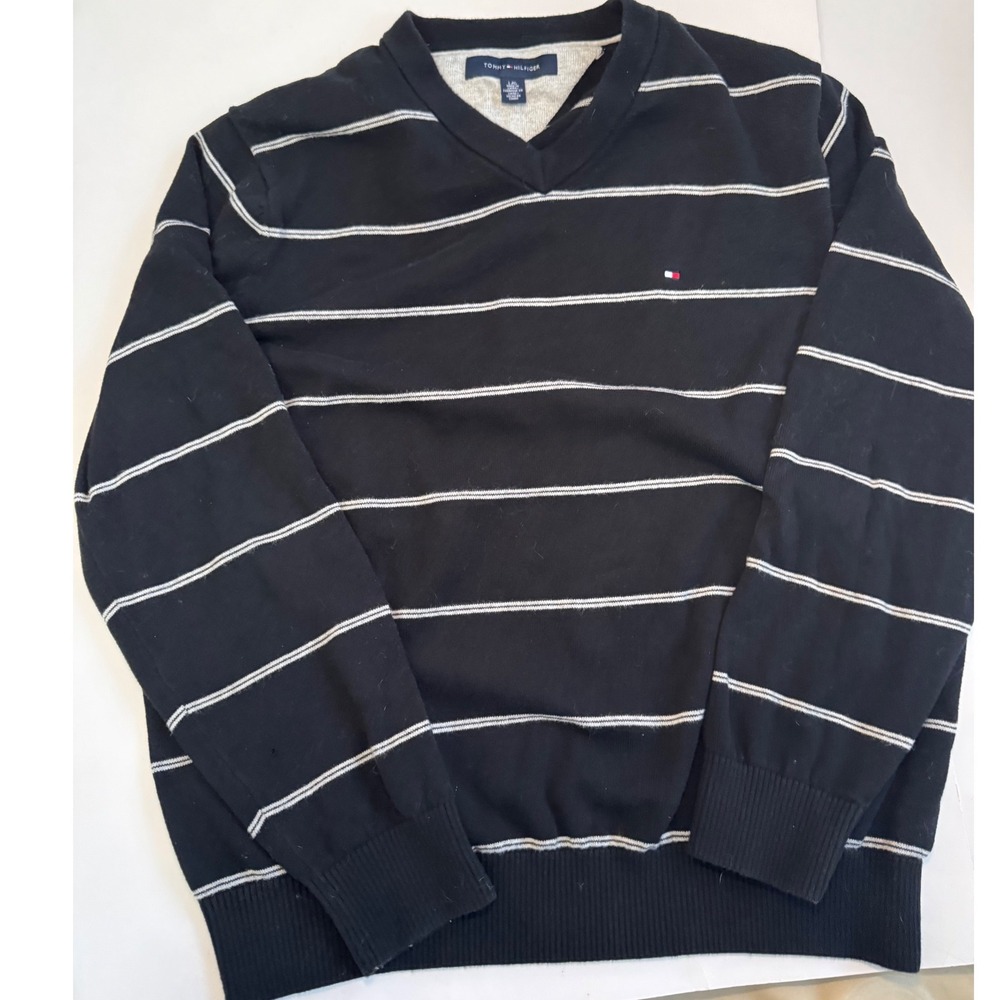 Tommy Hilfiger Mens Black White Stripe V Neck Sweater L